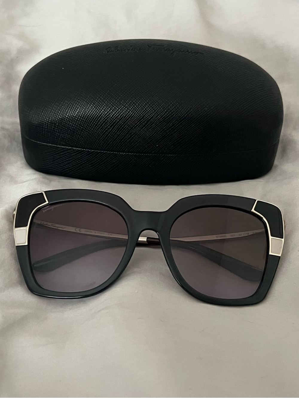 Salvatore Ferragamo Black Oversized Square Sunglasses with Silver Accents